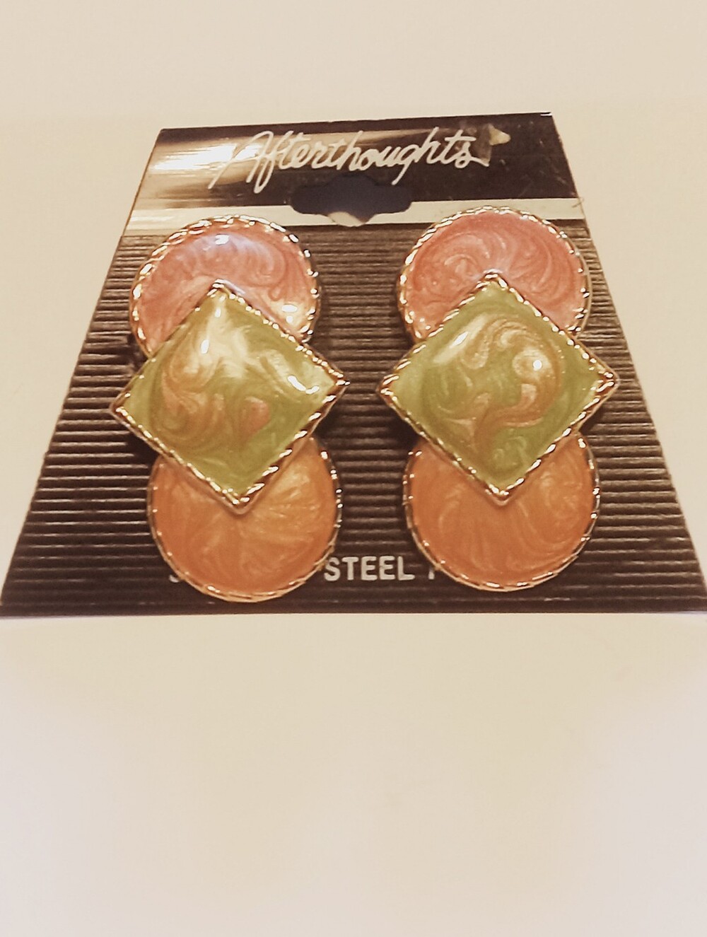 Afterthoughts Green & Coral Gold Enamel Stud Earrings Round Butterfly Closure